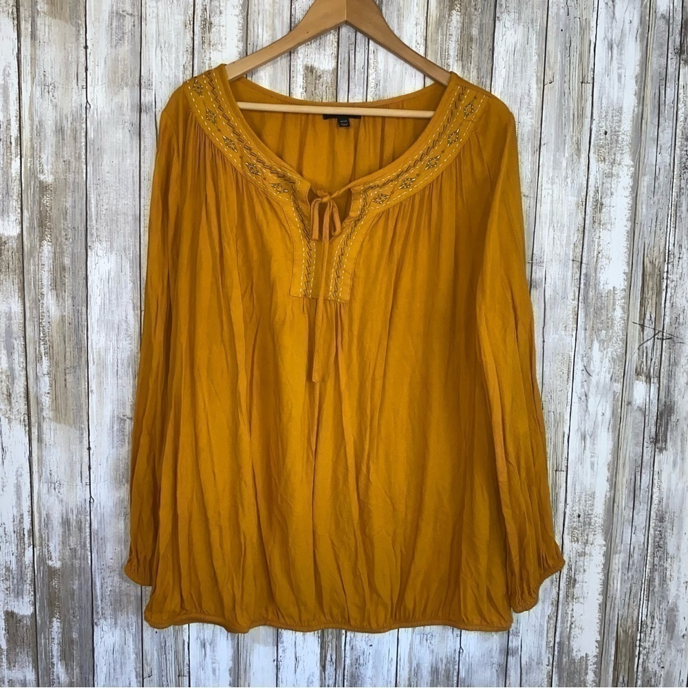 Lane Bryant Mustard Embroidered Peasant Blouse 18/20 Boho Rayon Plus Size